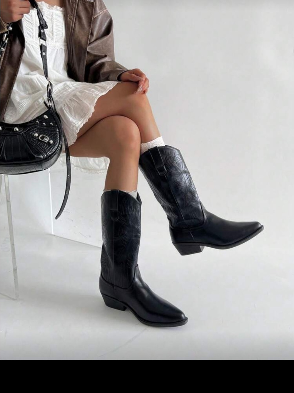 Black Western cowboy faux Leather Boots - Women